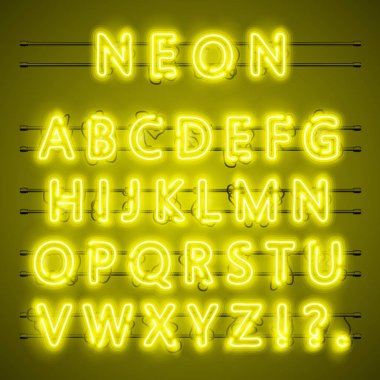 Neon yazı tipi şehir metin, gece sarı alfabesi, vektör çizim