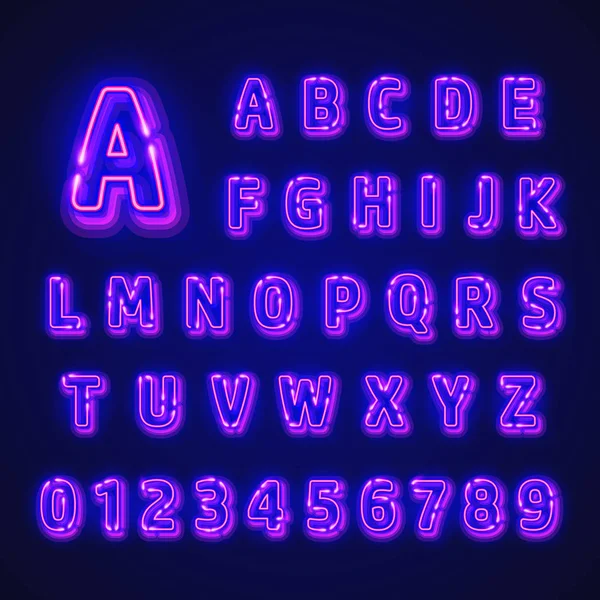 Fluorescerende neon lettertype op donkere achtergrond. Nachtlampje alfabet. Vectorillustratie. — Stockvector