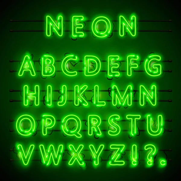 Neon font city. Caratteri verdi al neon eps. Carattere verde lampada. Caratteri alfabetici. Illustrazione vettoriale — Vettoriale Stock