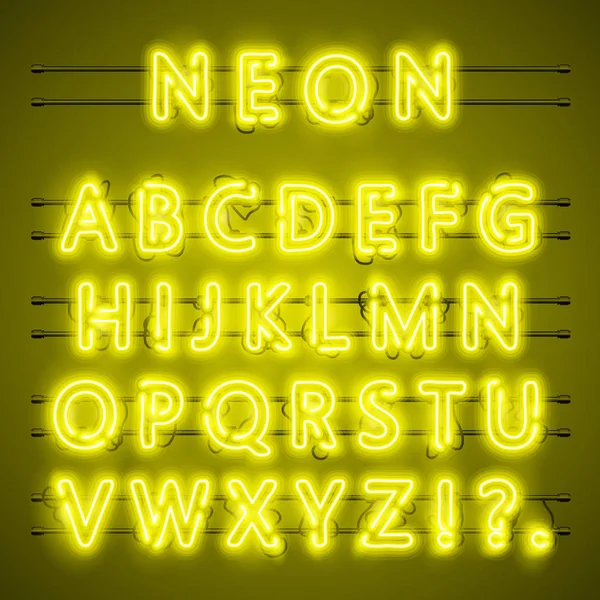 Neon fuente ciudad texto, alfabeto amarillo noche, ilustración vectorial — Vector de stock