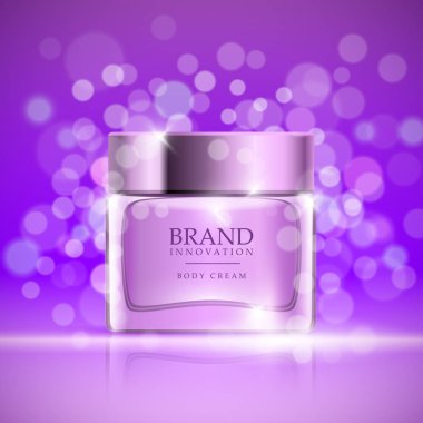 Güzellik mor baloncuklar arka plan üzerinde krem. Cilt bakım ürün reklam kavramı kozmetik sanayi için. Vektör çizim.