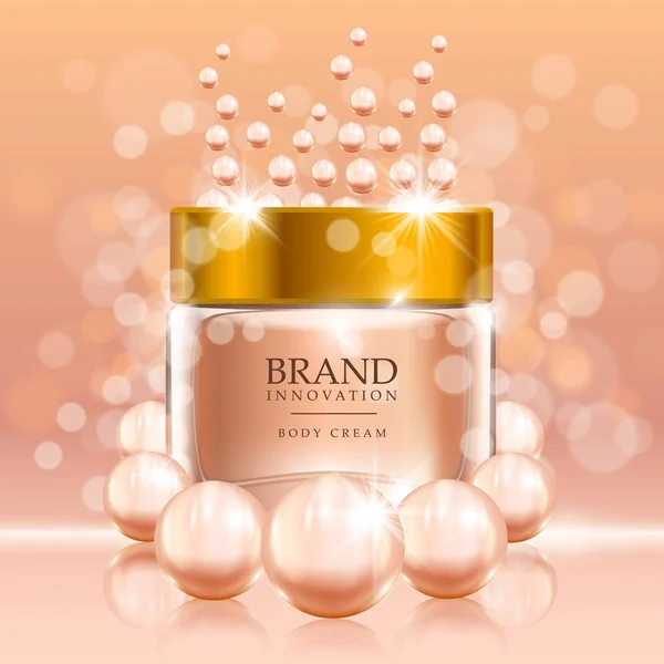 Crema di bellezza con perle e bolle su sfondo pesca. Prodotto per la cura della pelle concetto di pubblicità per l'industria cosmetica. Illustrazione vettoriale . — Vettoriale Stock