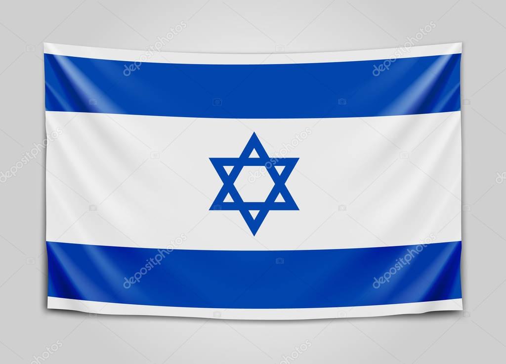 Hanging flag of Israel. State of Israel. Israeli national flag concept.