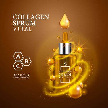 Hayati serum altın damlalık şişe hafif kahverengi zemin üzerinde. Gerçekçi şişe görünümüyle sihirli hayati damla ve pırıltılar. Vitamini formülü tedavi tasarım. Reklam kavramı. Vektör çizim.