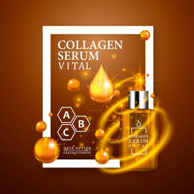 Hayati serum altın damlalık şişe hafif kahverengi zemin üzerinde. Gerçekçi şişe görünümüyle sihirli hayati damla ve pırıltılar. Vitamini formülü tedavi tasarım. Reklam kavramı. Vektör çizim.