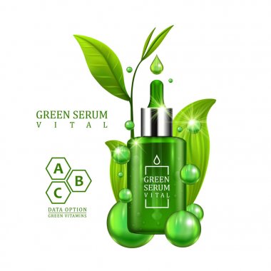 Hayati serum damlalık şişe beyaz zemin üzerine yeşil yaprakları ile dekore edilmiştir. Cilt Bakımı vitamini formülü tedavi tasarım. Güzellik ürün kavramı. Vektör çizim.