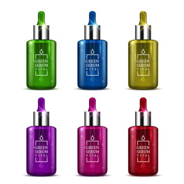 Güzellik serum damlalık şişe beyaz zemin üzerine farklı renk kümesi. Set içerir yeşil, mavi, zeytin, mor, pembe ve kırmızı şişe. Cilt Bakımı ürün kavramı. Vektör çizim.