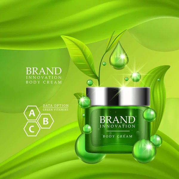 Grüne Cremeflasche mit silbernem Deckel und grünen Blättern auf saftigem Hintergrund. Hautpflege Vitamin Formel Behandlung Design. Werbekonzept für Schönheitsprodukte für die Kosmetikindustrie. Vektorillustration. — Stockvektor
