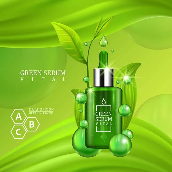 Vital serum droppflaska dekorerad med gröna blad på saftiga grön bakgrund. Hud vård vitamin formel behandling design. Skönhet produktkoncept. Vektorillustration. — Stock vektor