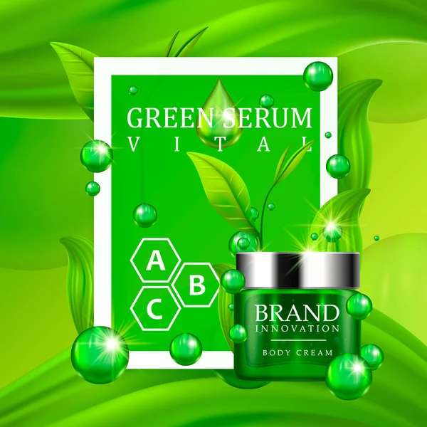 Πράσινη κρέμα μπουκάλι με καπάκι ασημί και πράσινο φύλλα σε ζουμερά φόντο. Επιδερμίδα φροντίδα βιταμίνη ΦΟΡΜΟΥΛΑ ΑΝΤΙΜΕΤΩΠΙΣΗΣ σχεδιασμό. Ομορφιά προϊόν διαφήμιση αντίληψη για την βιομηχανία καλλυντικών. Εικονογράφηση διάνυσμα. — Διανυσματικό Αρχείο