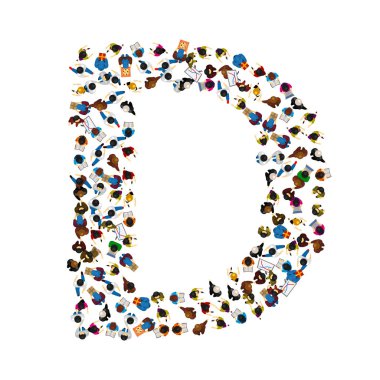 Bir grup insan ışık arka plan üzerinde İngilizce Alfabe harf D şeklinde. Vektör çizim.