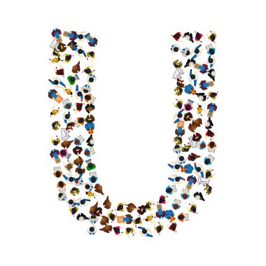 Bir grup insan ışık arka plan üzerinde İngilizce Alfabe harf U şeklinde. Vektör çizim.