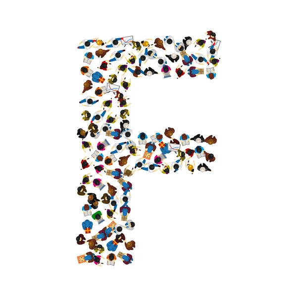 Un grupo de personas en forma de letra del alfabeto inglés F sobre fondo claro. Ilustración vectorial . — Vector de stock
