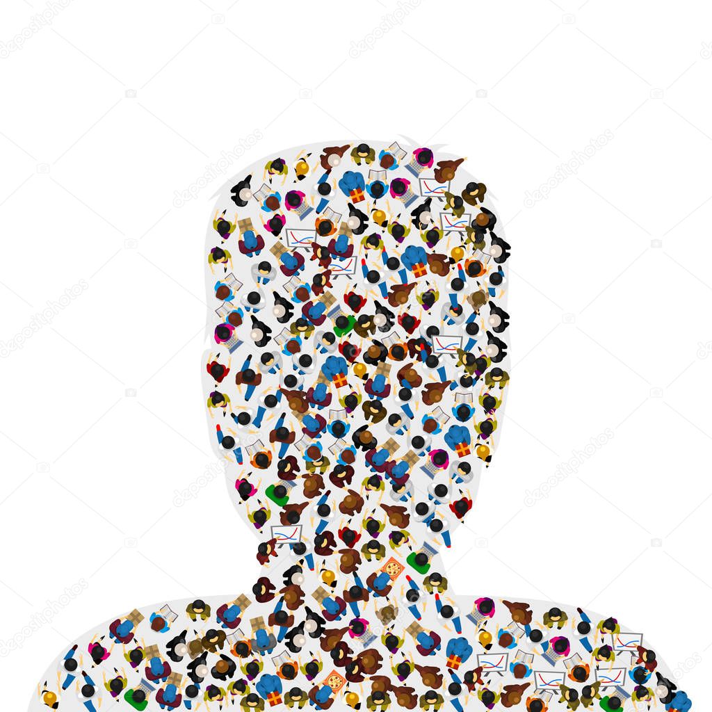 A group of people in a shape of a human head, isolated on white background. Vector illustration.