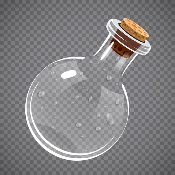 Botella de vidrio vacía. Elixir, poción o concepto químico. Transparente total . — Vector de stock