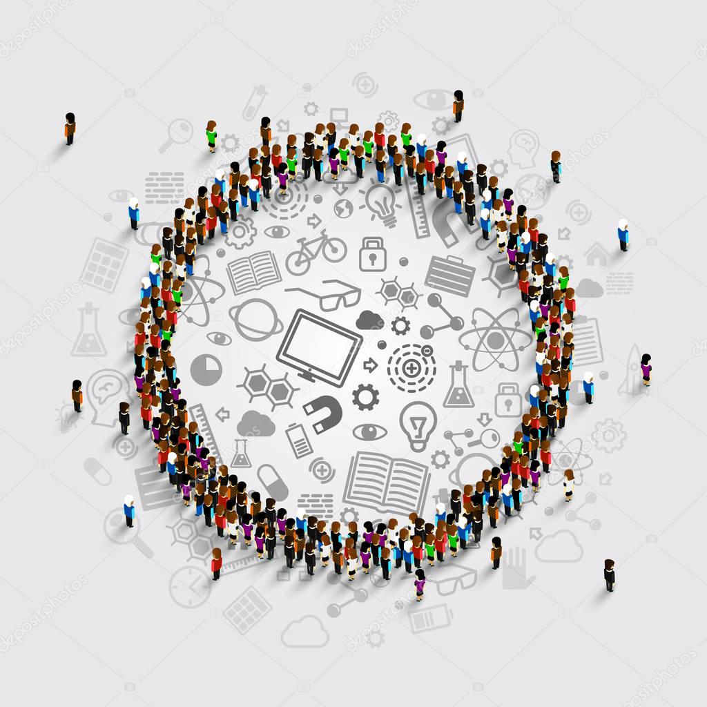 People in a circle with a lot of icons. Vector illustration