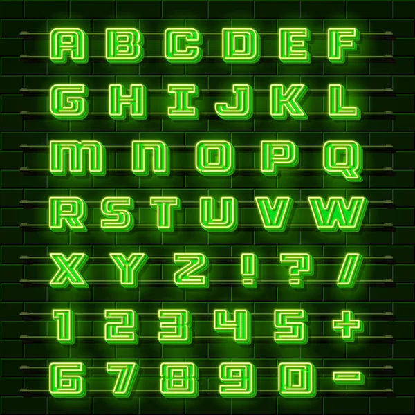 Neon lettertype stad. Neon groen lettertype Engels. Stad alfabet lettertype. Vectorillustratie — Stockvector