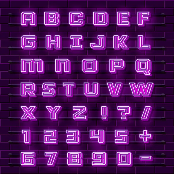 Neon lettertype stad. Neon paars lettertype Engels. Stad alfabet lettertype. Vectorillustratie — Stockvector