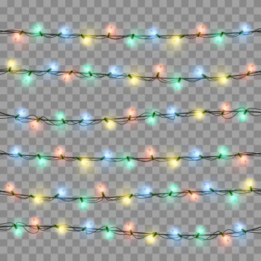 Parlayan ışıklar Xmas tatil tebrik kartı tasarımı için. Noel ışıkları izole gerçekçi tasarım öğeleri. Beyaz arka plan vektör çizim üzerinde çelenk