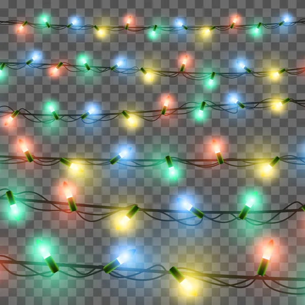 Gloeiende lichten voor kerstvakantie wenskaart ontwerp. Christmas lights geïsoleerde realistische ontwerpelementen. Slingers op witte achtergrond vectorillustratie — Stockvector