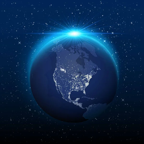 Planeta Tierra vista desde el espacio hasta América nocturna. Ilustración vectorial — Vector de stock