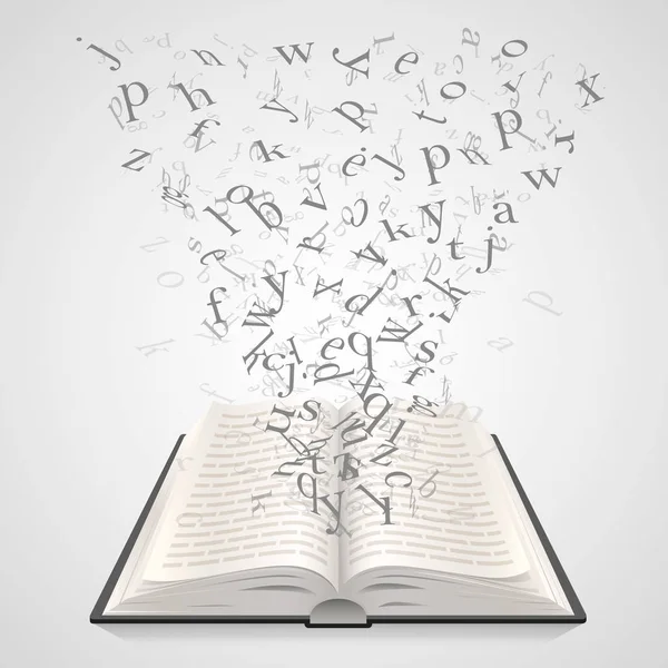 Ανοιχτό βιβλίο με ιπτάμενα γράμματα σε λευκό φόντο, εκπαίδευση τέχνης. Εικονογράφηση διάνυσμα — Διανυσματικό Αρχείο