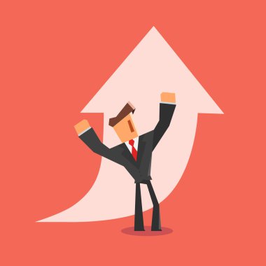 Mutlu işadamı büyüyen bir ok önünde duruyor. Başarı kavramı.