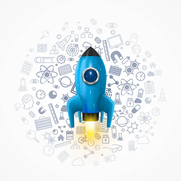 Rocket con icone sullo sfondo, lancio razzo spaziale. Rocket background, Rocket product cover, Startup idea creativa, Illustrazione vettoriale — Vettoriale Stock