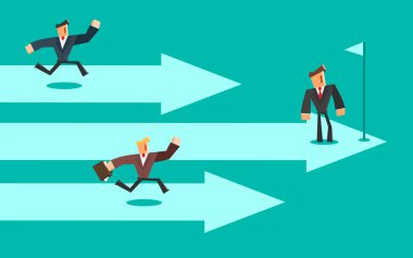 İş rekabeti. Üç iş adamlarını okları yarış. Lider kavramı.