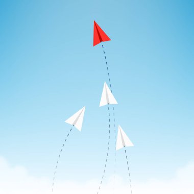 Minimalist stile kırmızı kağıt uçak beyaz olanlar için yönünü gösterir. Lider, patron, Yöneticisi, kazanan kavramı.