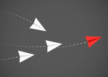 Minimalist stile kırmızı kağıt uçak beyaz olanlar için yönünü gösterir. Lider, patron, Yöneticisi, kazanan kavramı.