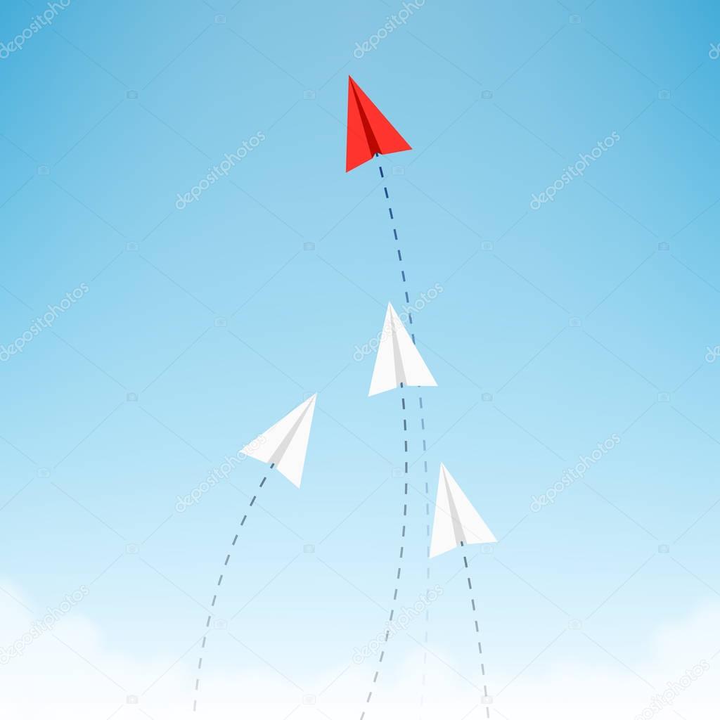 Minimalist stile red paper airplane show direction for white ones. Leader, boss, manager, winner concept.