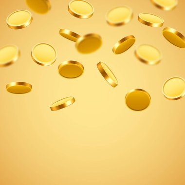 Düşen paralar, düşen paralar, uçan altın paralar, altın yağmurlar. Büyük ikramiye ya da başarı konsepti. Modern arkaplan.