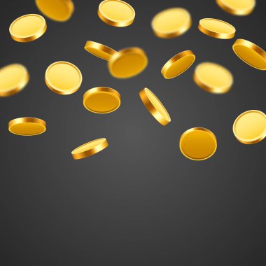 Düşen paralar, düşen paralar, uçan altın paralar, altın yağmurlar. Büyük ikramiye ya da başarı konsepti. Modern arkaplan.