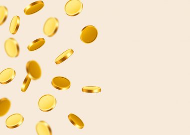 Düşen paralar, düşen paralar, uçan altın paralar, altın yağmurlar. Büyük ikramiye ya da başarı konsepti. Modern arkaplan.