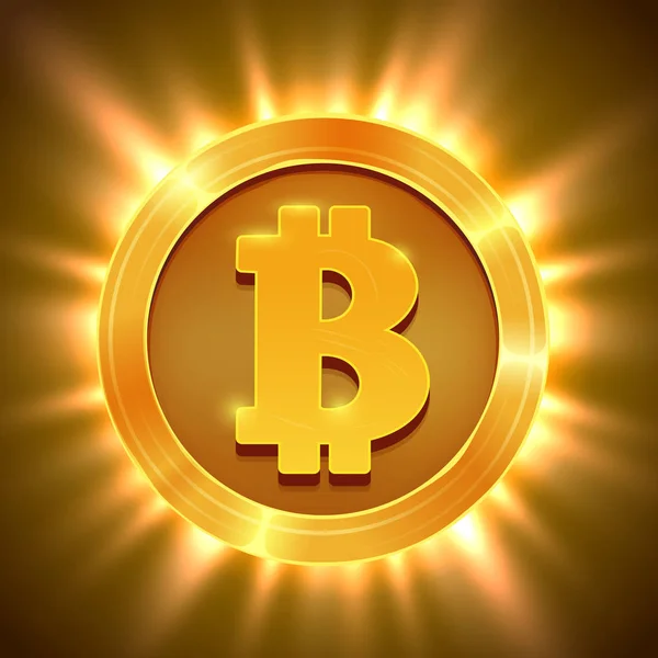 Bitcoin doré brillant isolé sur blanc. Concept de blockchain . — Image vectorielle