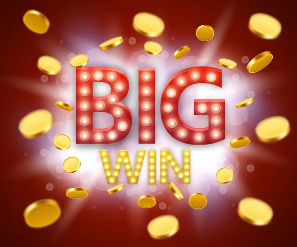 Big-Win-Glücksspiel-Banner mit großer Gewinnaufschrift und Goldexplosion von Münzen. — Stockvektor