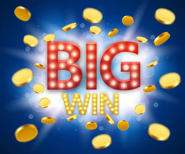 Big Win banner giochi d'azzardo con iscrizione grande vittoria e esplosione d'oro di monete . — Vettoriale Stock