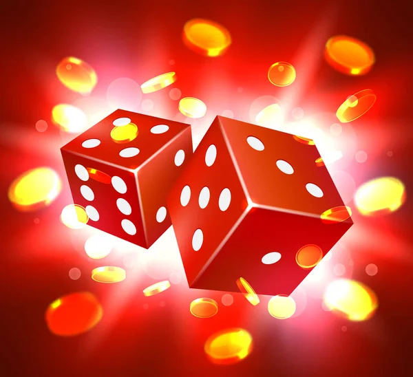 Två tärningar, omgiven av en lysande ram och mynt explosion. Lycka till banner. Casino-konceptet. — Stock vektor
