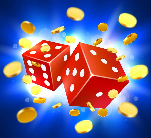 İki dices, parlak çerçeve ve sikke patlama ile çevrili. Şans afiş. Casino kavramı.
