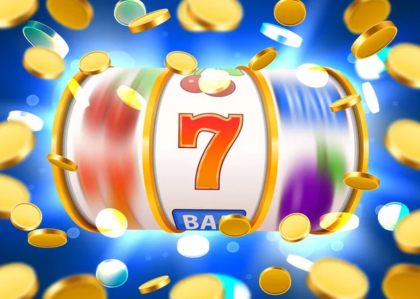 La machine à sous d'or avec des pièces d'or volantes gagne le jackpot. Grand concept de victoire . — Image vectorielle