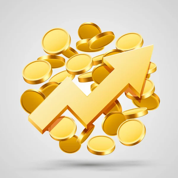 Obchodní růst šipka s zlaté mince. — Stockový vektor