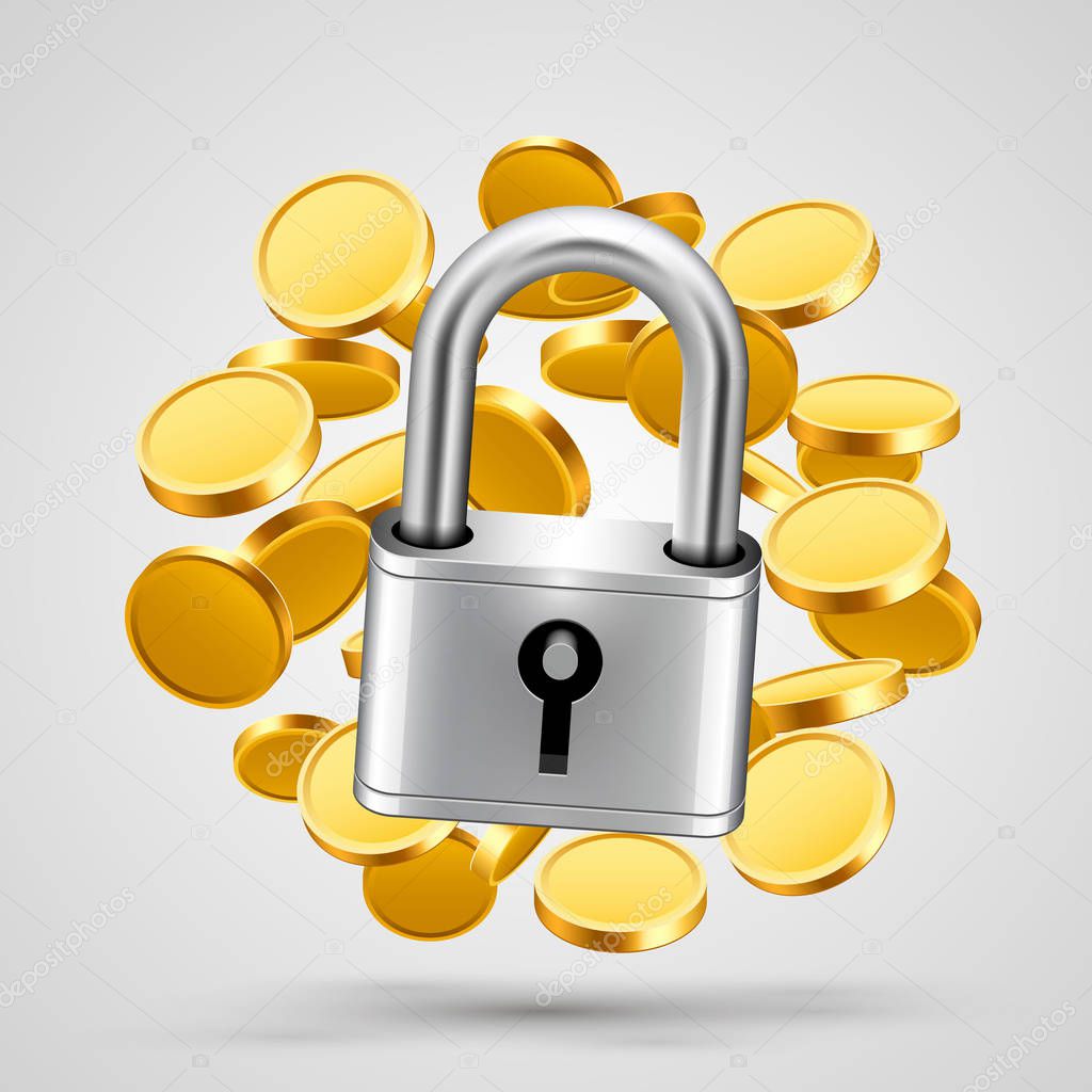 Padlock with gold coins object icon.