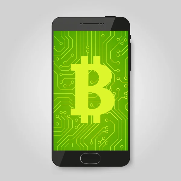 Téléphone portable avec bitcoin signe. Concept de paiement crypto. Signe de Cryptocurrency. — Image vectorielle