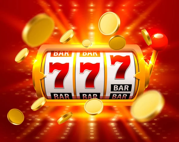 Goldener großer Gewinn Spielautomaten 777 Banner Casino fly coins. — Stockvektor