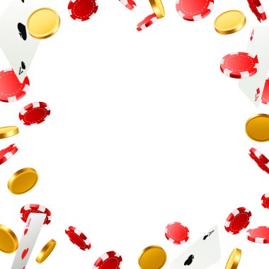 Cips ve paralar oynarken poker kartları uçan.