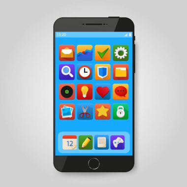 App simgesi olan siyah mobil akıllı telefon. Akıllı telefon mobil uygulama sunma ya da Portföy örnekler.