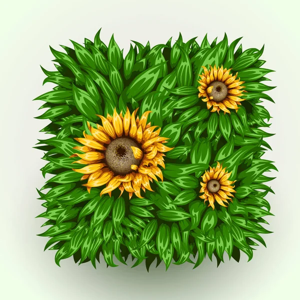 Rumput indah yang realistis dengan bunga matahari. Bingkai bunga dengan rumput. Konsep musim panas . - Stok Vektor