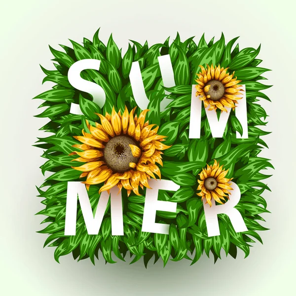 Realistic beautiful grass frame with sunflowers. Flower frame with grass. Summer concept. — Stock Vector