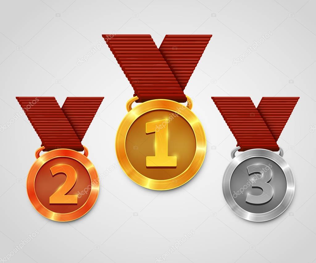 Three award medals with ribbons. Gold medal. Silver medal. Bronze medal. Championship award.